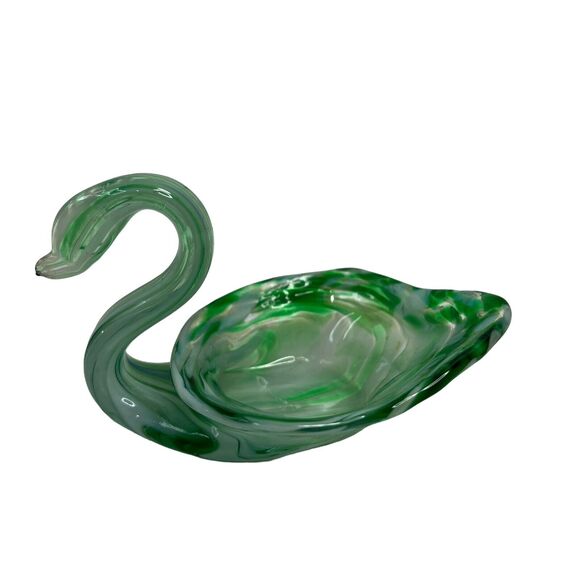 Vintage Art Glass Swan Bowl Hand Blown Green Dish Mid Century Mod Tiny 6 Inch - Picture 1 of 8